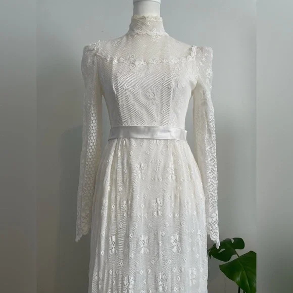 Vintage 60s/70s Prairie/Cottagecore/Boho High Neck Wedding/Formal Maxi Dress - Picture 2 of 9